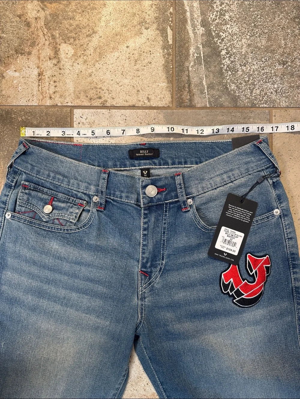 True Religion Blue Denim Jeans with Red & Black Patch